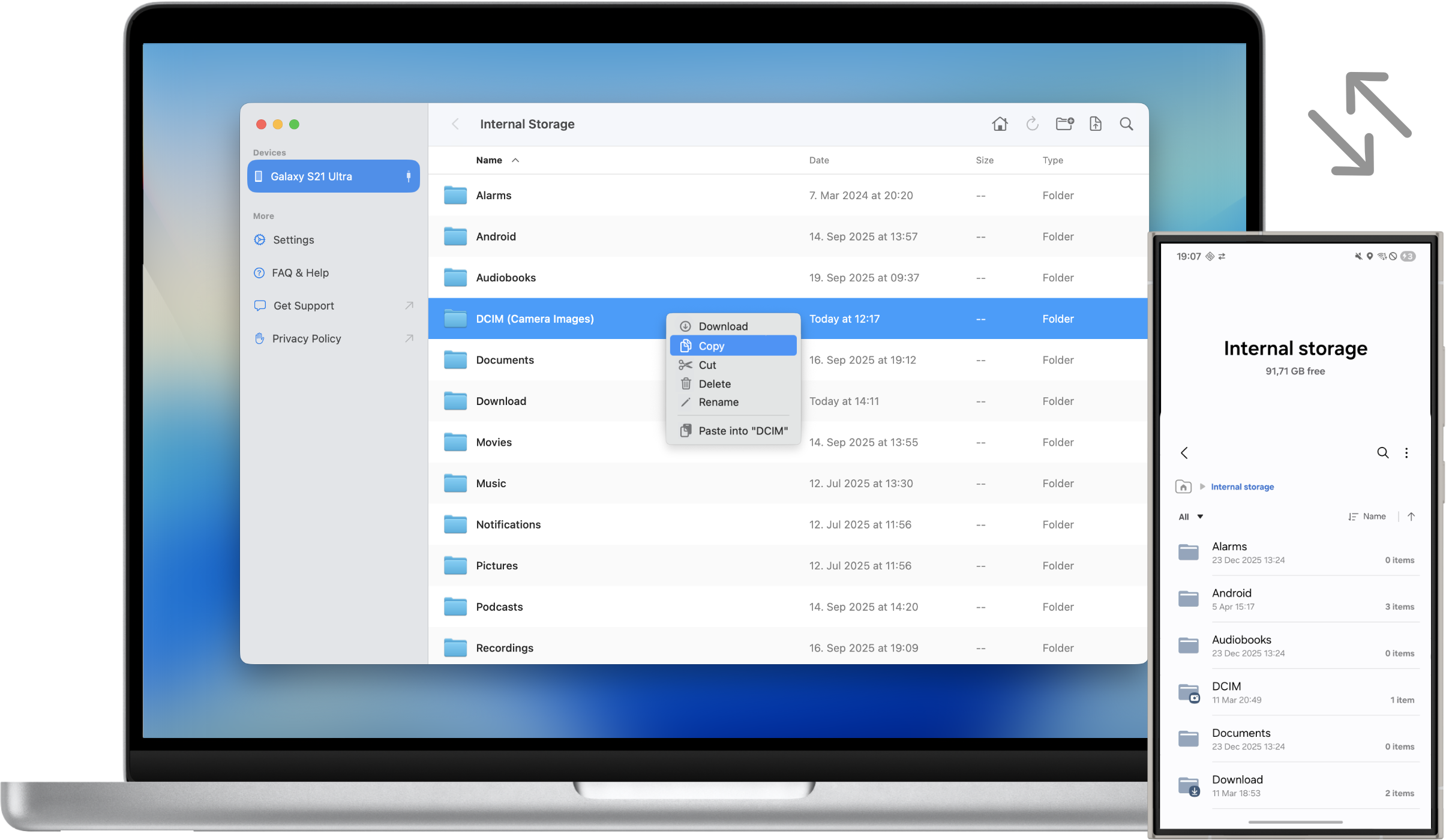 iDroid showing an Android device's files on the Mac, with the source phone alongside