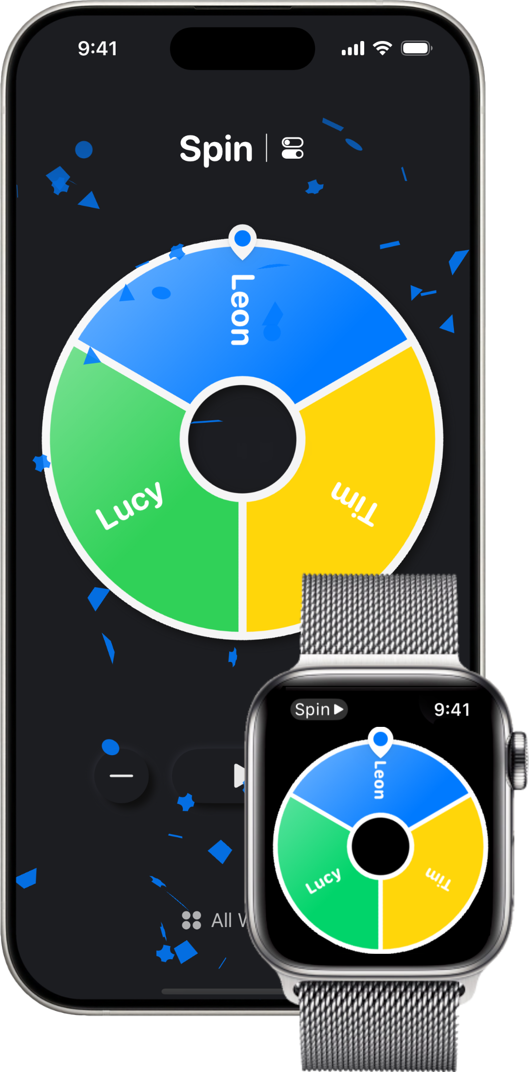 Spin on iPhone with the same wheel mirrored on Apple Watch